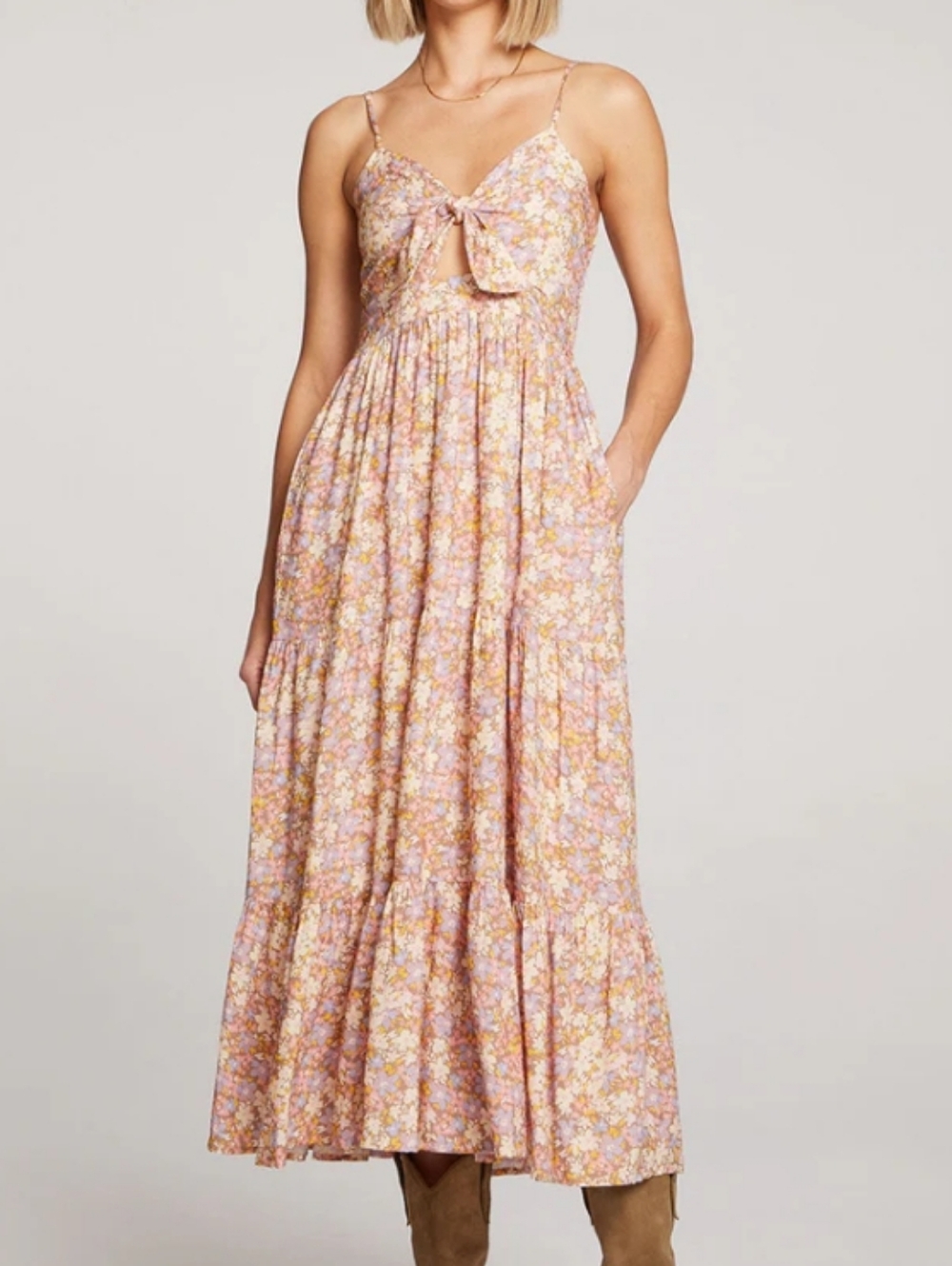 Saltwater Luxe Stein Midi Floral Print Tiered Dress Small